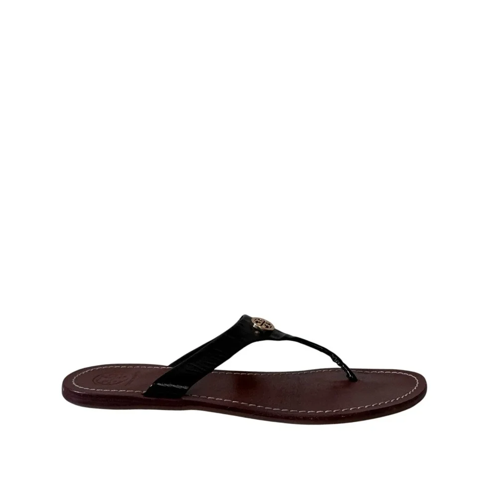 Tory Burch Miller Black Patent Leather Thong Sandals Brown Gold Logo Medallion